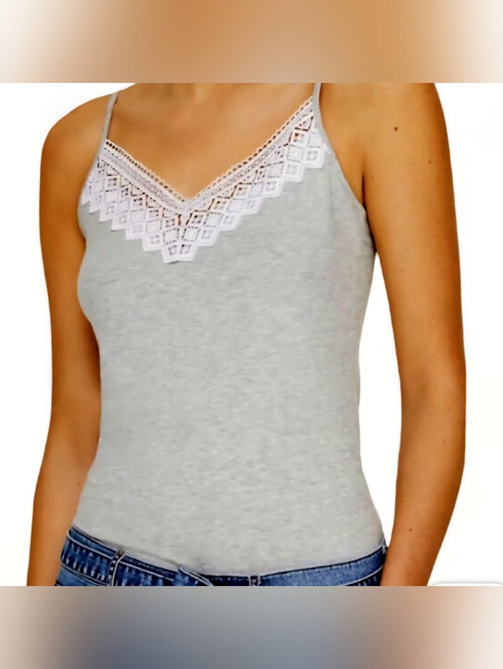LOFT Outlet Grey Tank/Cami with White Lace V-Neck